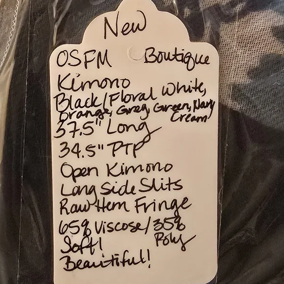 OSFM NWOT Boutique Kimono 37.5Long 34.5ptp Blk Floral Raw Fringe Hem Soft! - Picture 9 of 13